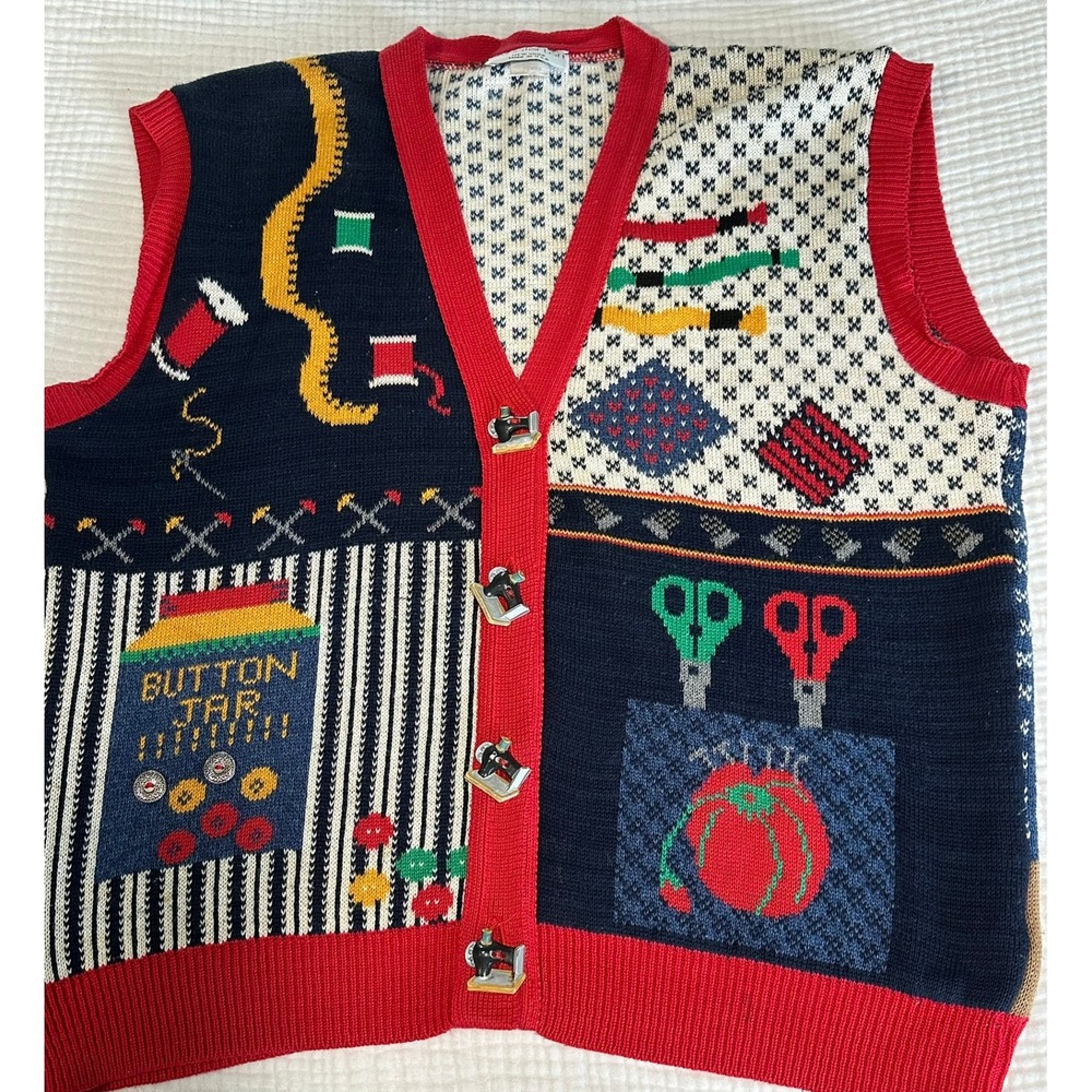 Sweater Loft Vintage Novelty Knit Vest Sewing Theme Buttons Red Navy Large